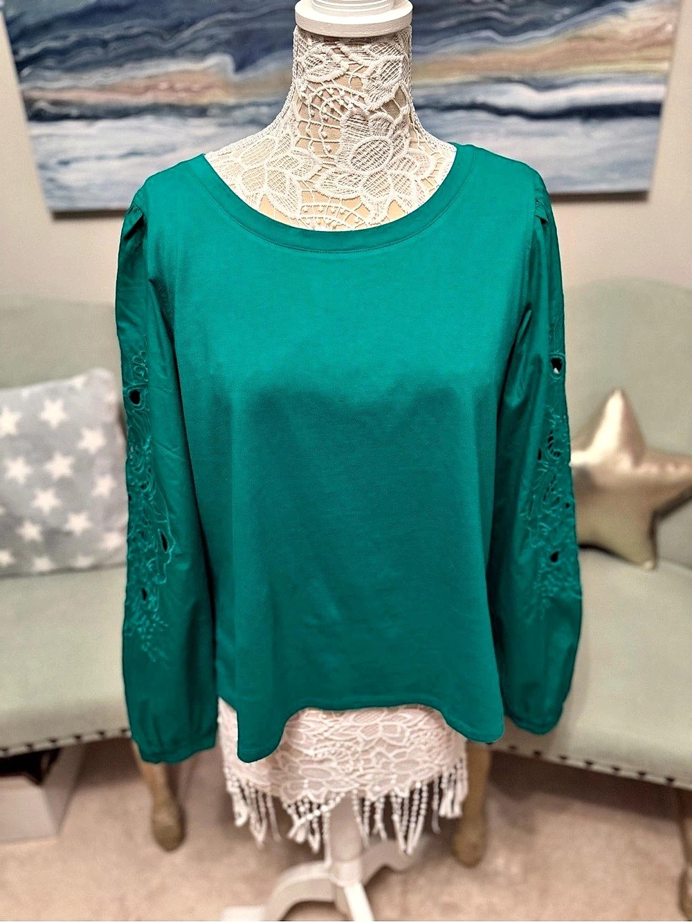 Lilly Pulitzer Lily Pulizer Style 017047 Long Sleeve Embroidered Top in Green XL